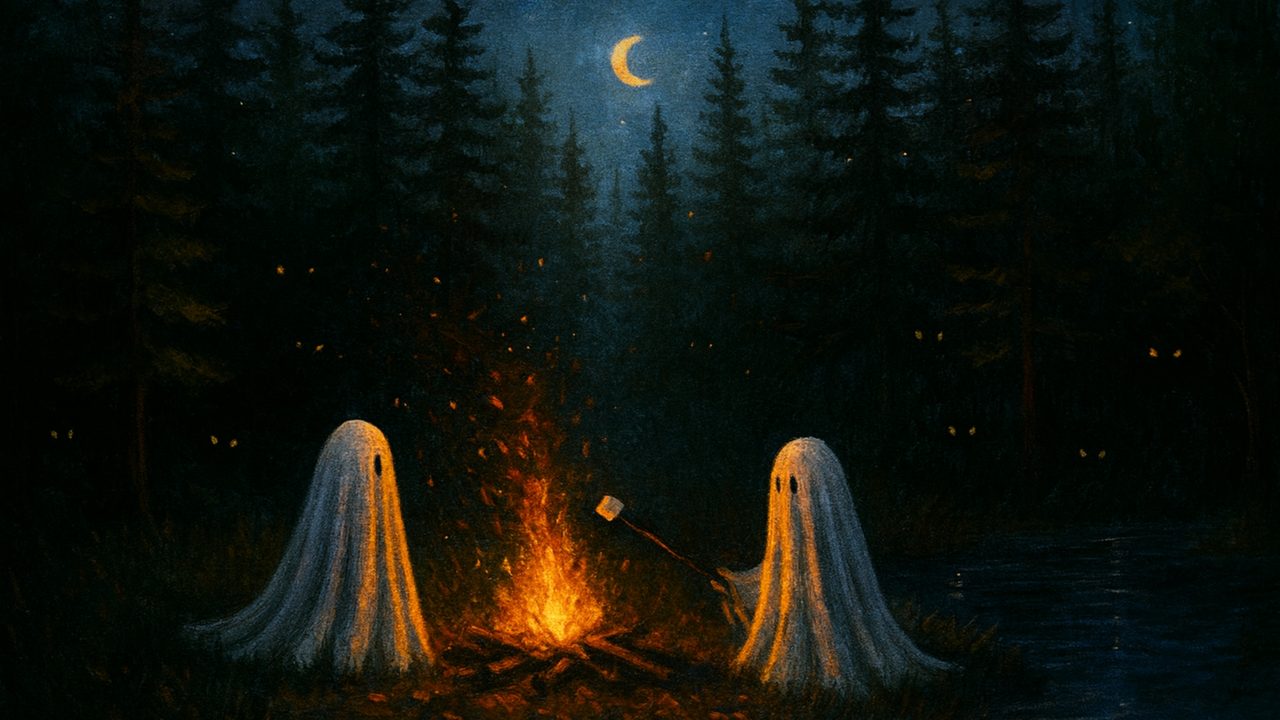 Halloween Frame TV Art, Vintage Moody Oil Painting (Ghosts by Campfire)