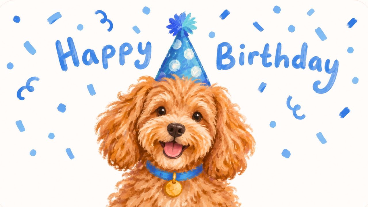 Happy Birthday Frame TV Art, Colorful Party TV Background (Poodle in Party Hat)