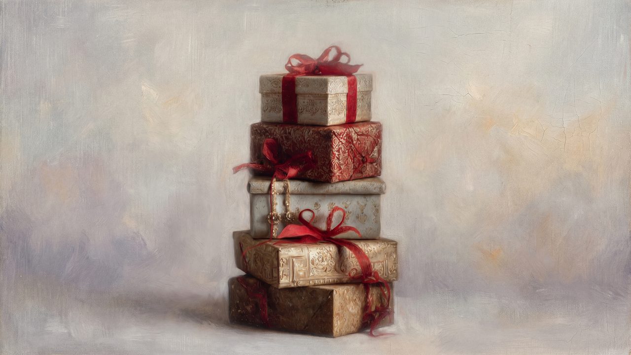 Christmas Frame TV Art, Vintage Holiday Oil Painting (Stack of Wrapped Gifts)