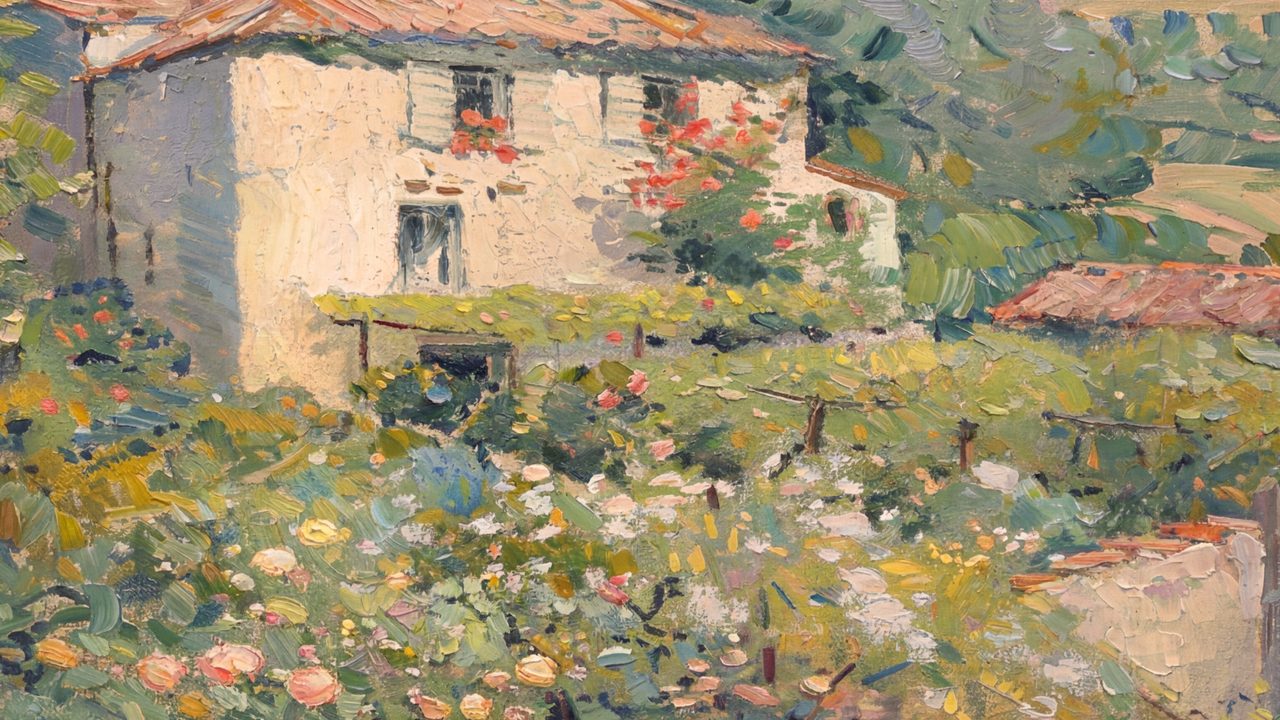 Spring Frame TV Art, Vintage Floral Landscape Oil Painting (Stone House with Garden)