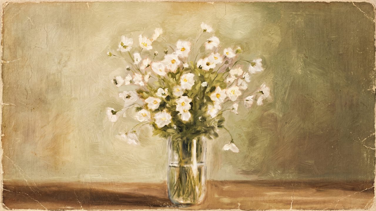 Rustic Frame TV Art, Farmhouse Country Oil Painting (White Flowers in Glass Vase)