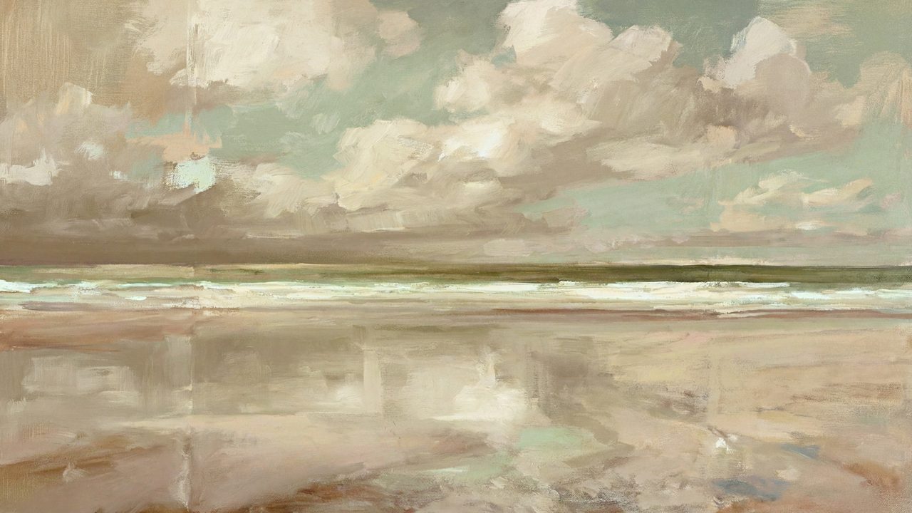 Nautical Frame TV Art, Coastal Oil Painting (Clouds over Wet Beach)