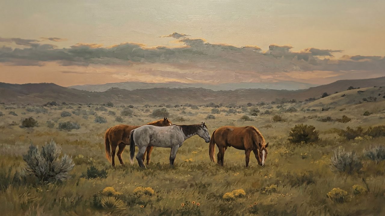 Vintage Frame TV Art, Antique Landscape Oil Painting (Horses Grazing at Dusk)