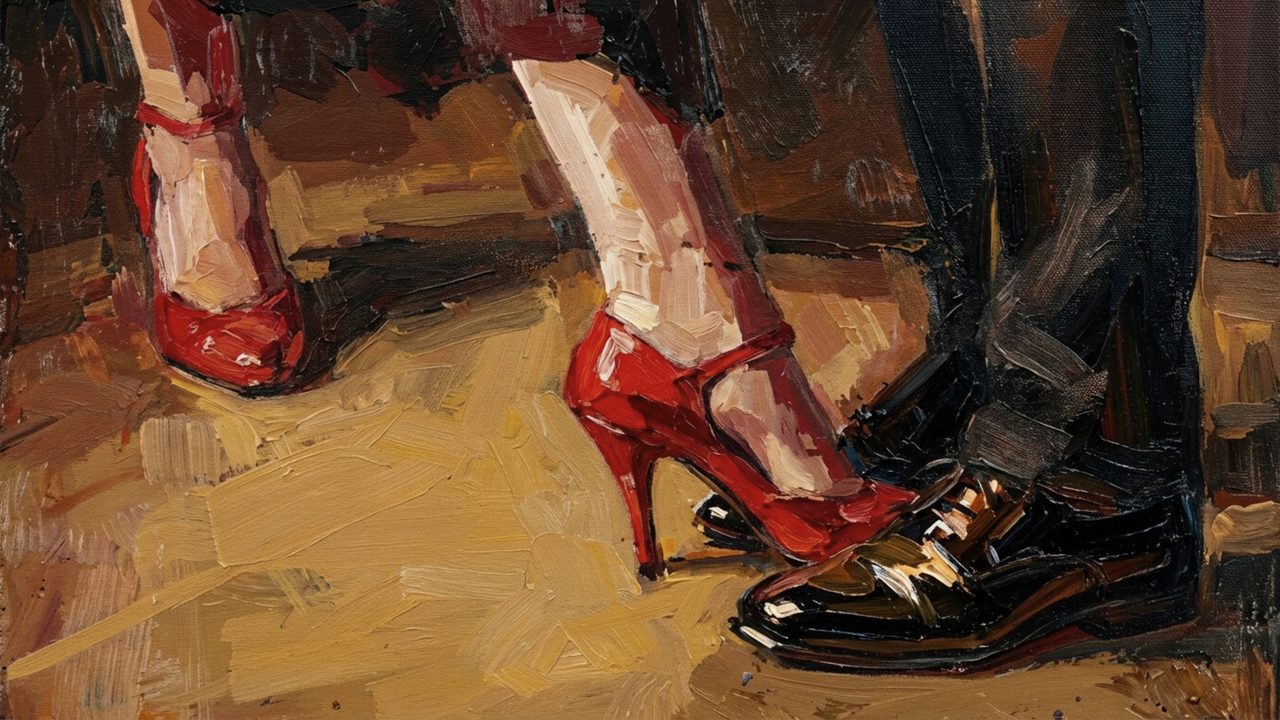 Romantic Red High Heels Samsung Frame TV Art, Dancing Couple Feet, Vintage Oil Painting, Valentine's Day Decor