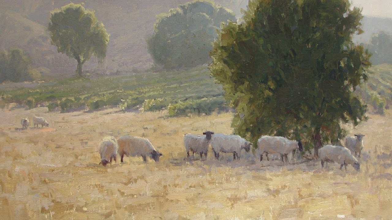 Vintage Frame TV Art, Antique Landscape Oil Painting (Sheep Under Shade Tree)
