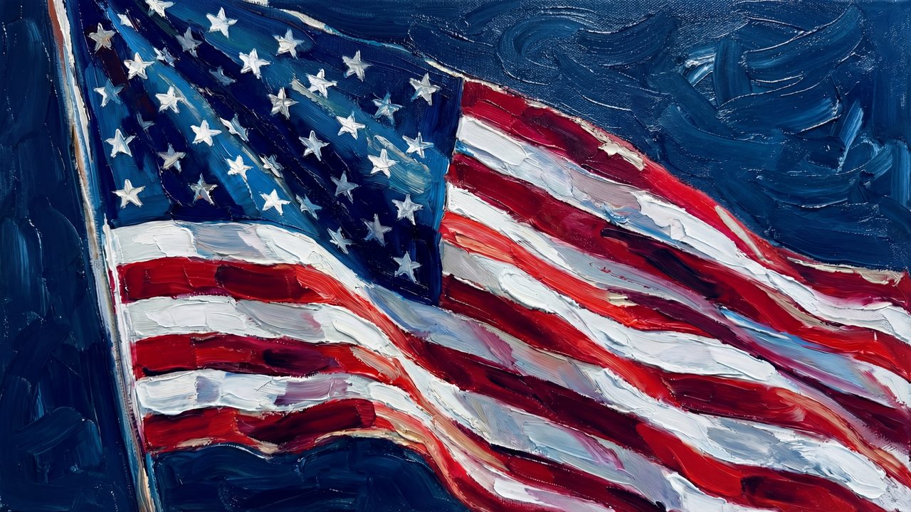4th of July Frame TV Art, Patriotic American Oil Painting (Billowing American Flag)
