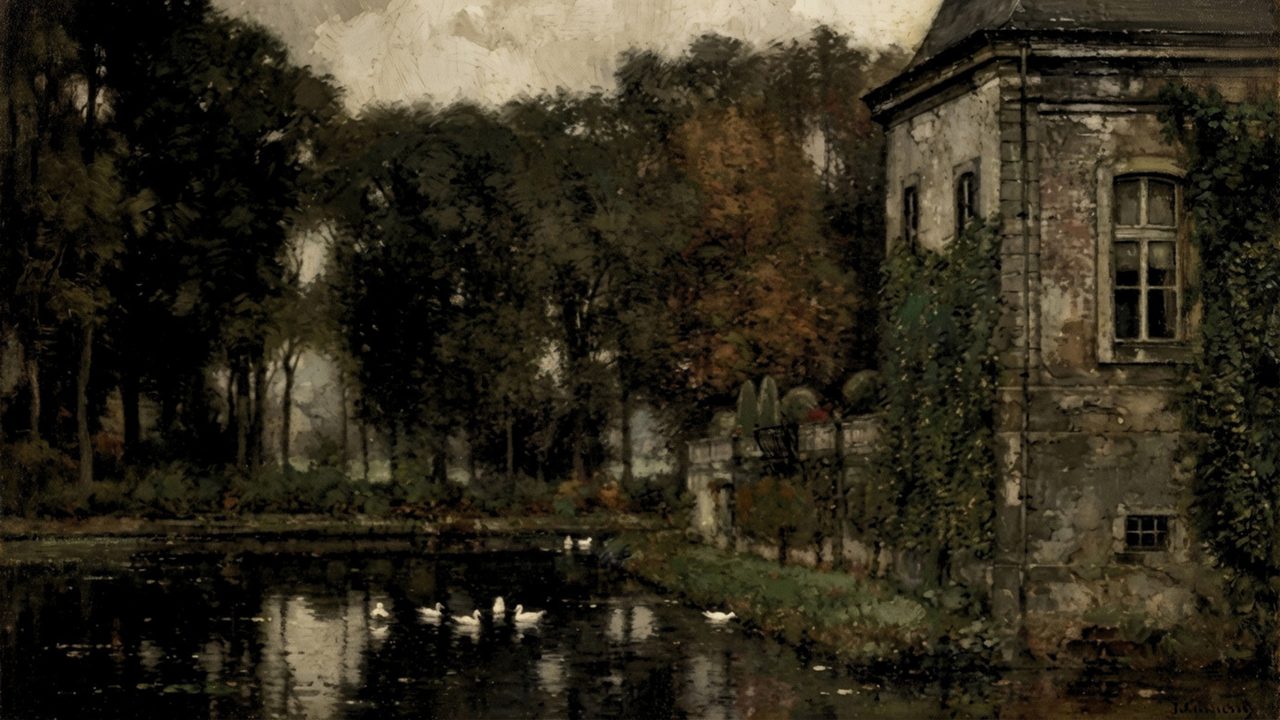 Dark Academia Frame TV Art, Moody Vintage Oil Painting (Old Manor by Dark Pond)