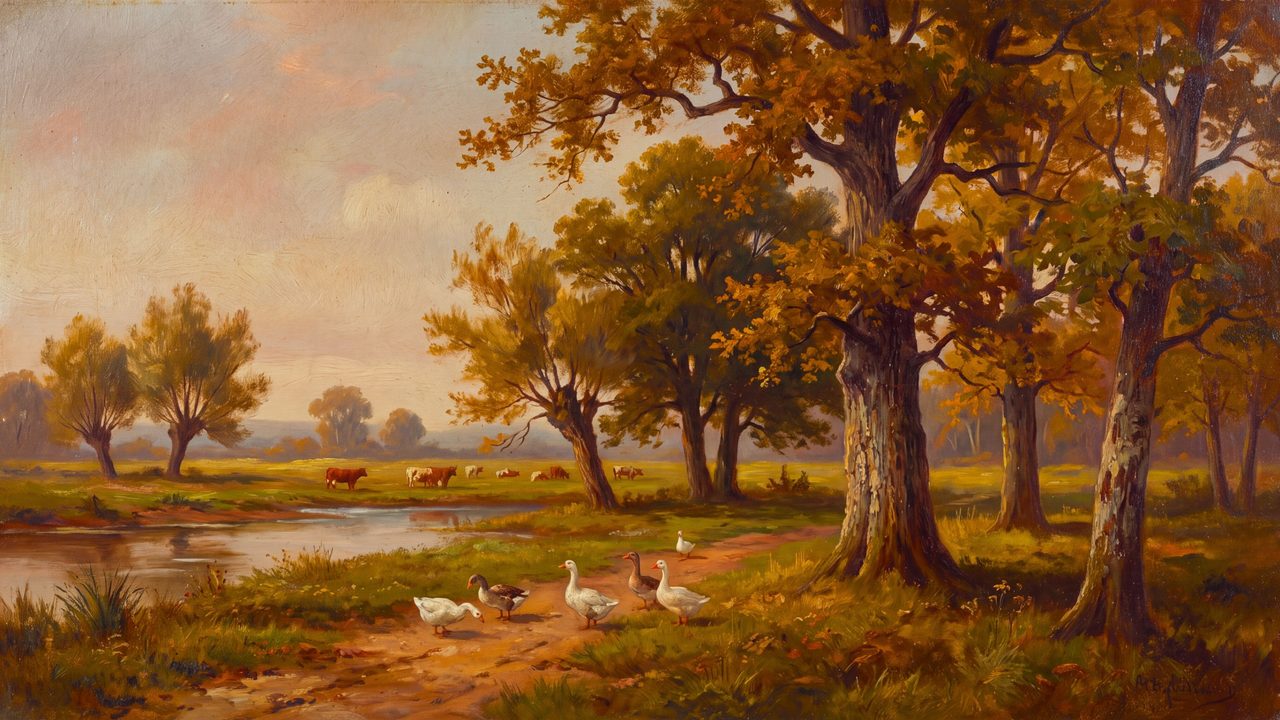 Fall Frame TV Art, Vintage Autumn Oil Painting (Geese by Autumn Pond)