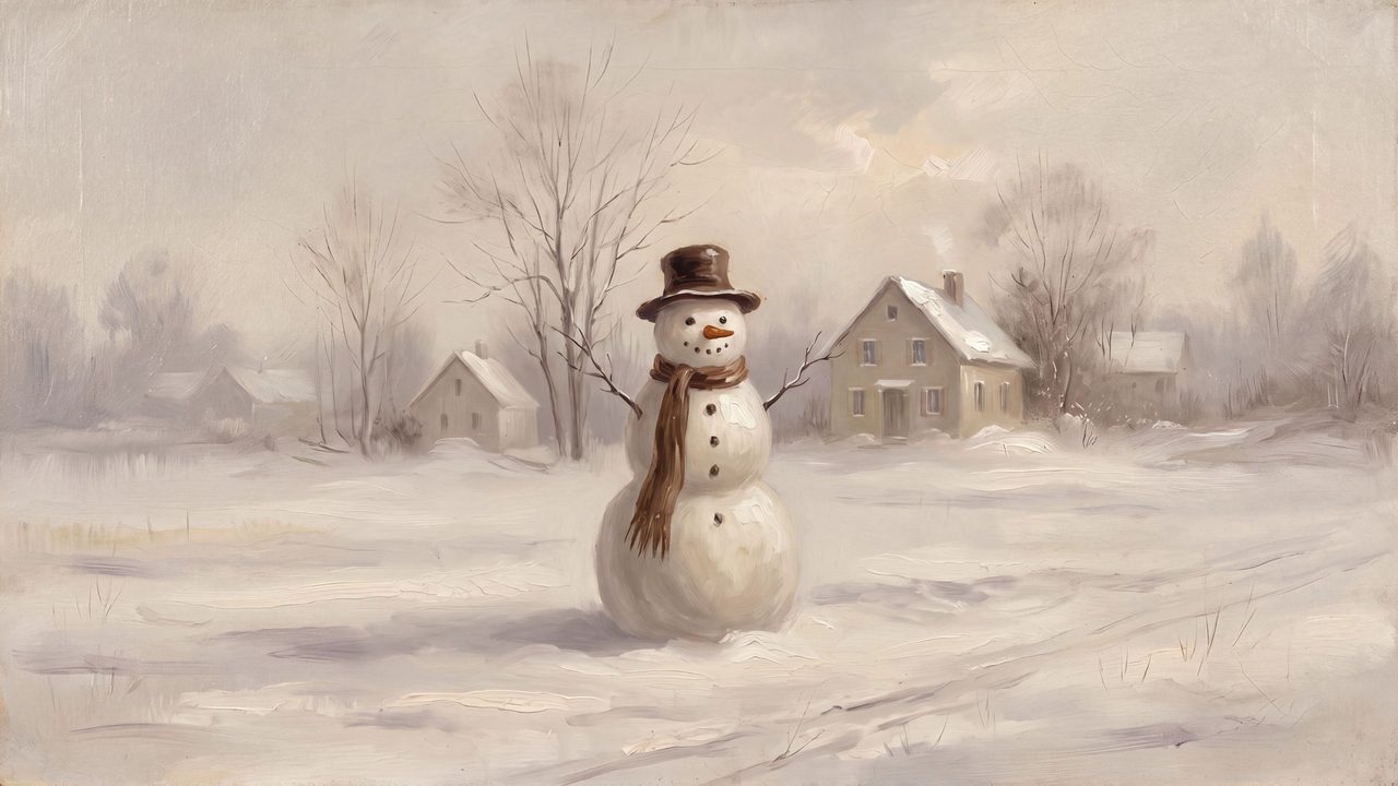 Christmas Frame TV Art, Vintage Holiday Oil Painting (Snowman by Village)