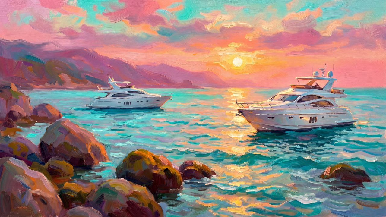 Summer Frame TV Art, Coastal Beach Oil Painting (Yachts at Sunset Cove)
