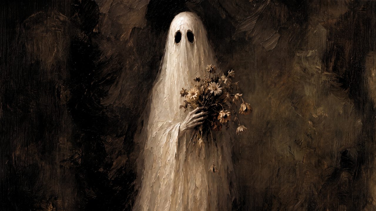Fall Frame TV Art, Vintage Autumn Oil Painting (Ghost Holding Flowers)
