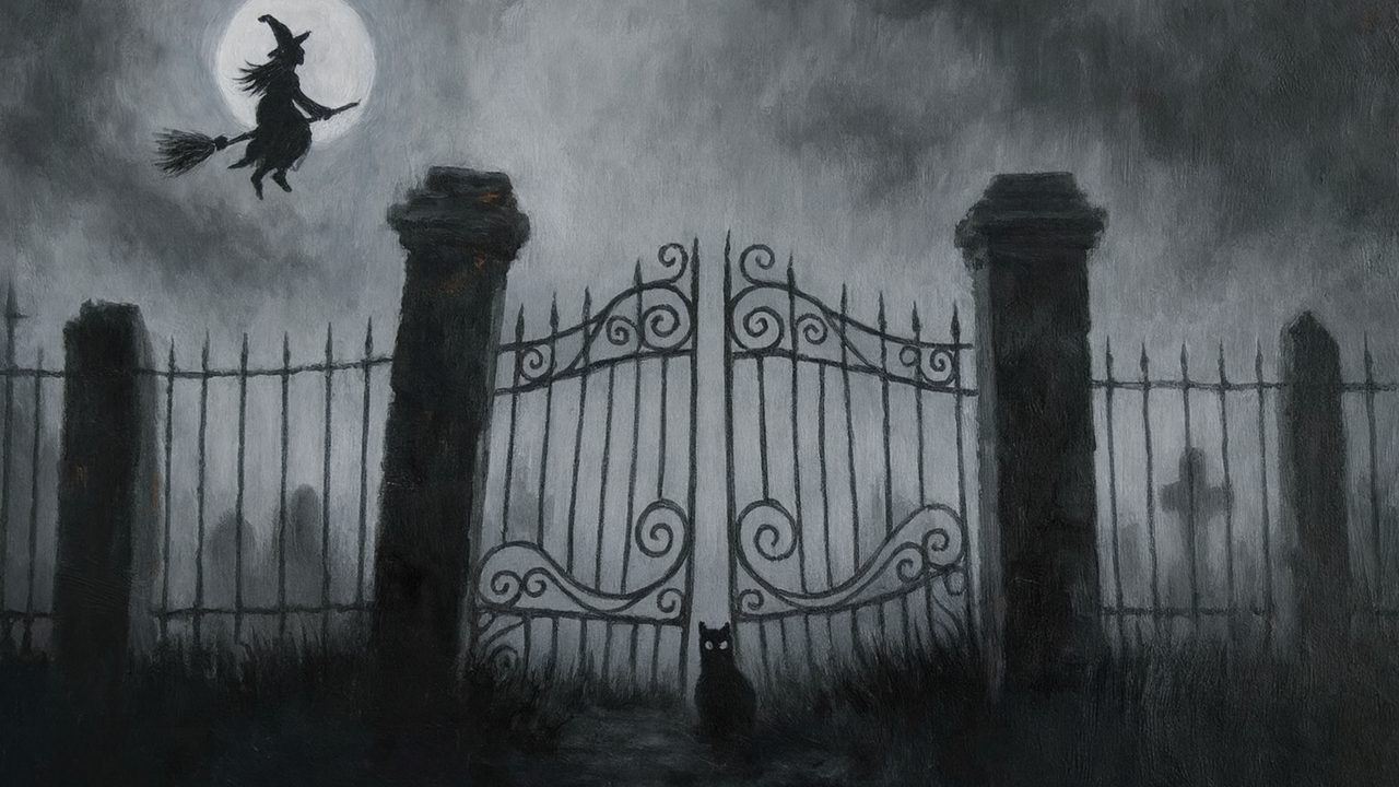 Halloween Frame TV Art, Vintage Moody Oil Painting (Iron Cemetery Gate)