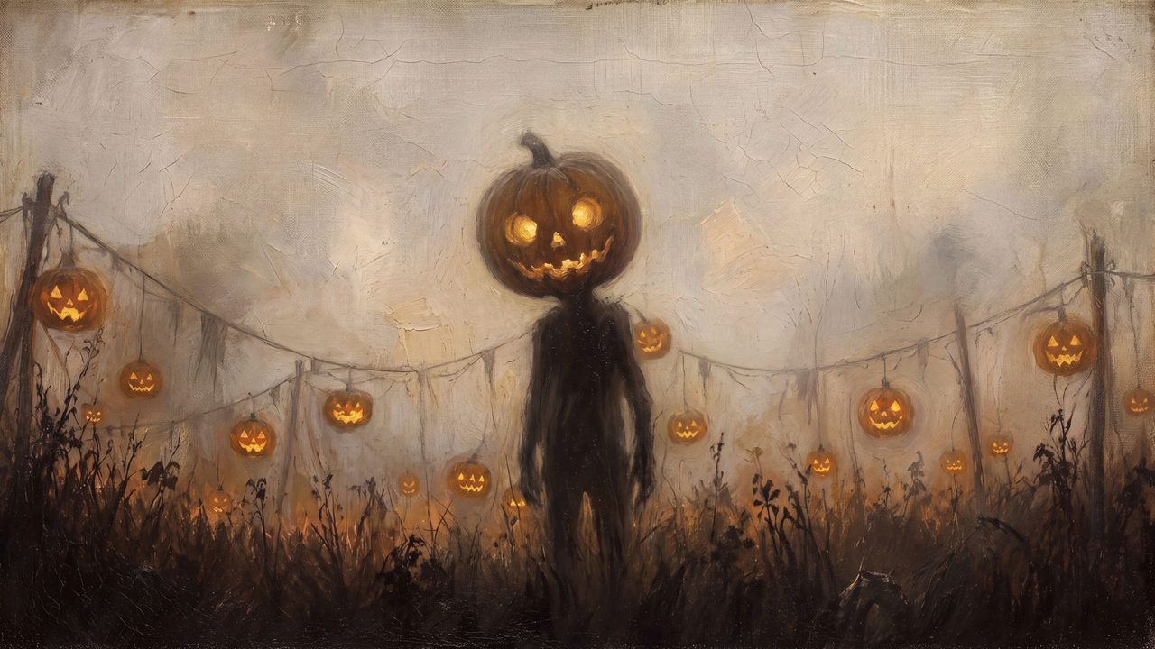 Halloween Frame TV Art, Vintage Moody Oil Painting (Pumpkin Head with Garland)