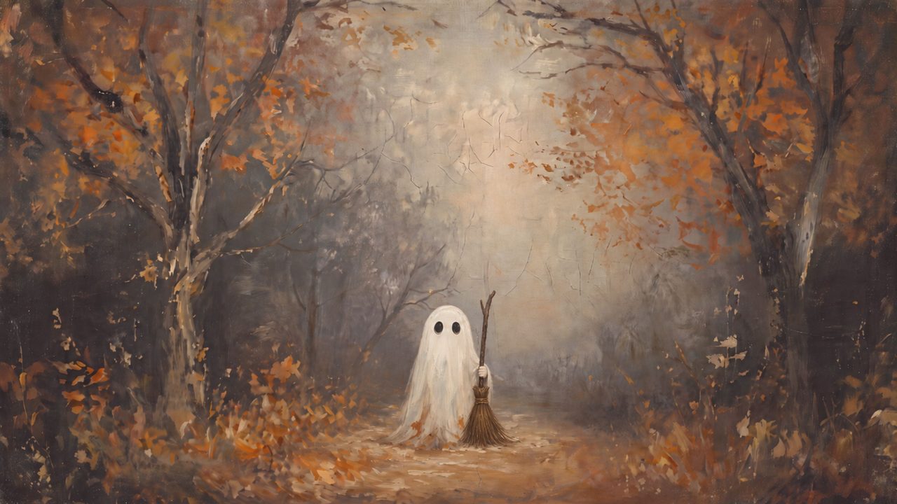 Halloween Frame TV Art, Vintage Moody Oil Painting (Ghost with Broom in Forest)
