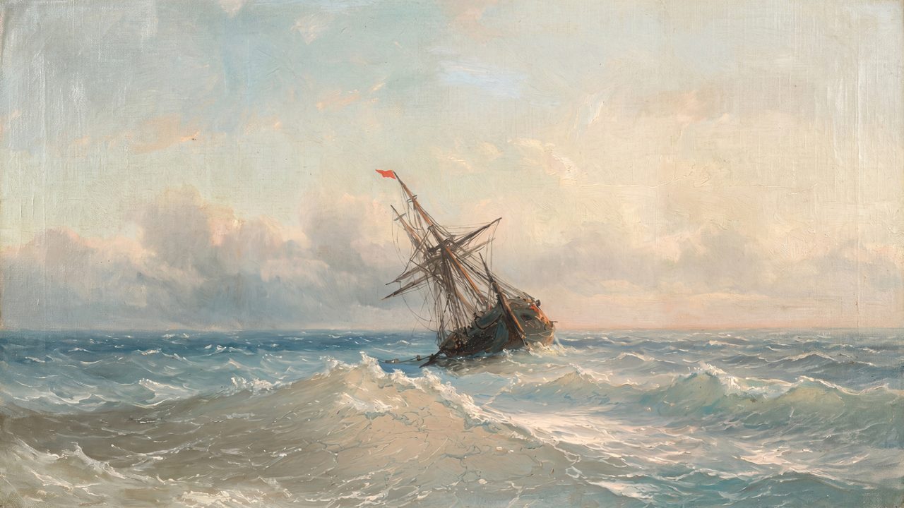 Nautical Frame TV Art, Coastal Oil Painting (Ship in Rough Seas)