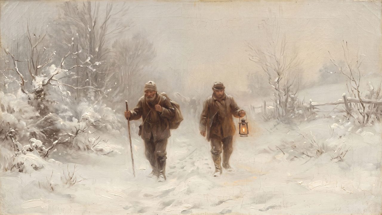 Christmas Frame TV Art, Vintage Holiday Oil Painting (Travelers Walking in Snow)