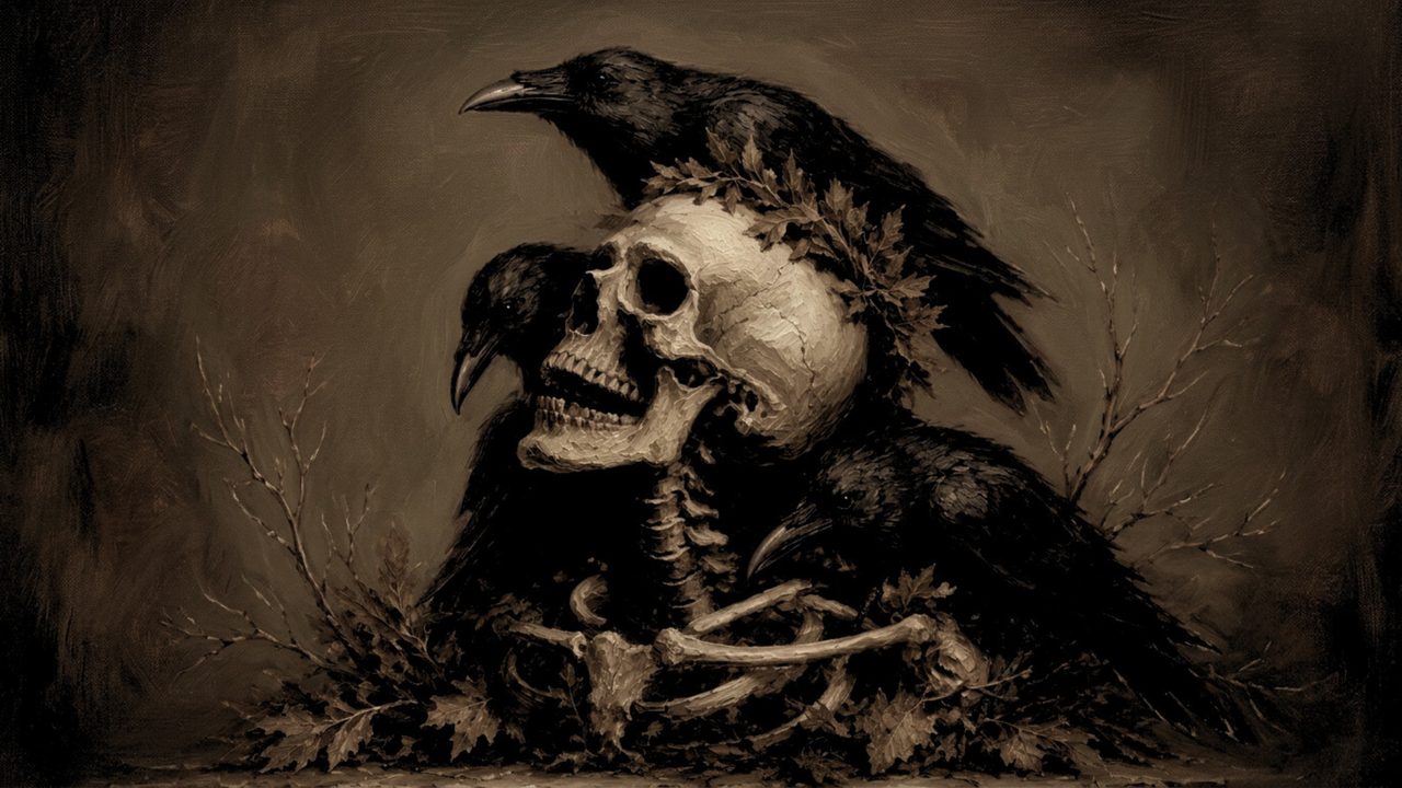 Fall Frame TV Art, Vintage Autumn Oil Painting (Ravens with Skeleton)