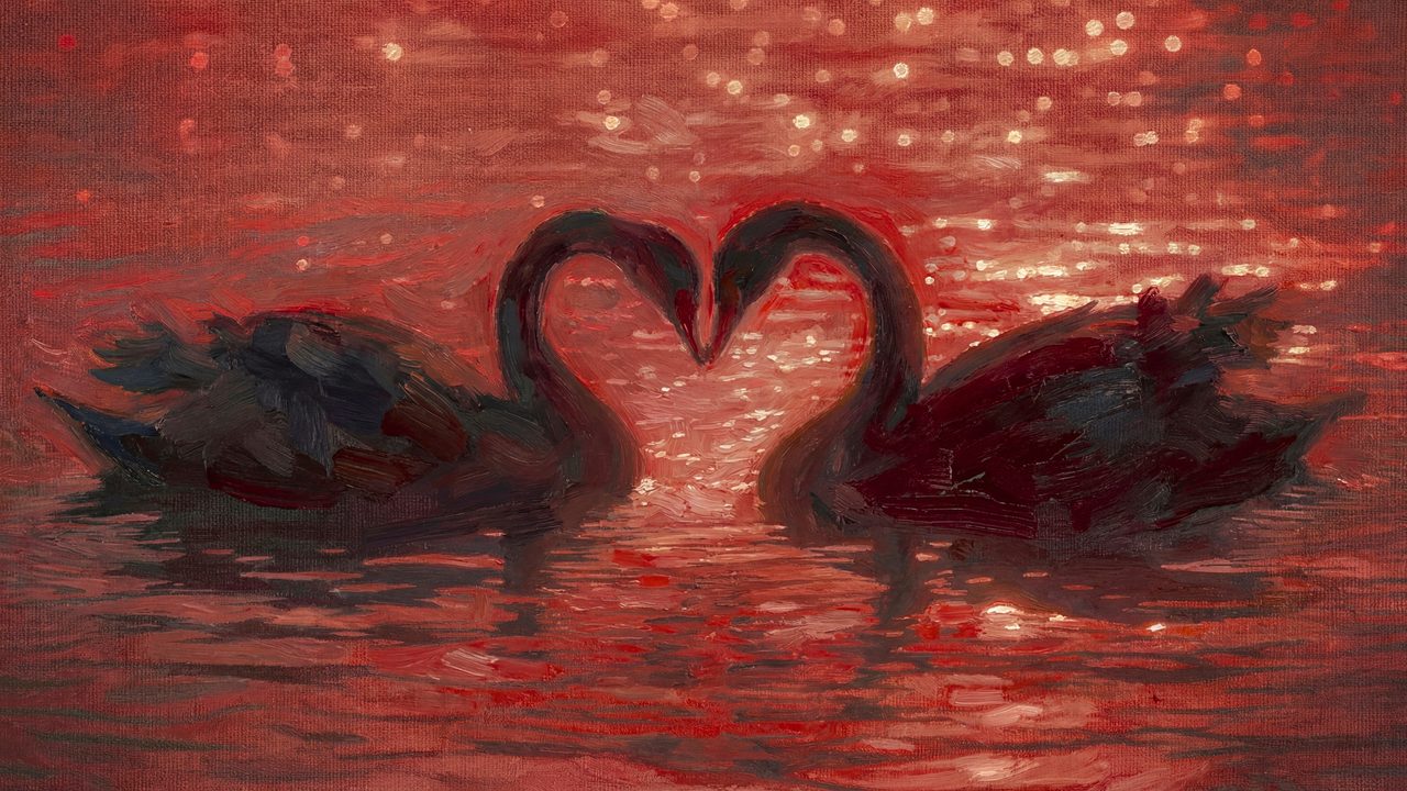 Samsung Frame TV Art Valentine's Day, Romantic Swans Heart Shape, Red Water Oil Painting, Nature 4K Download
