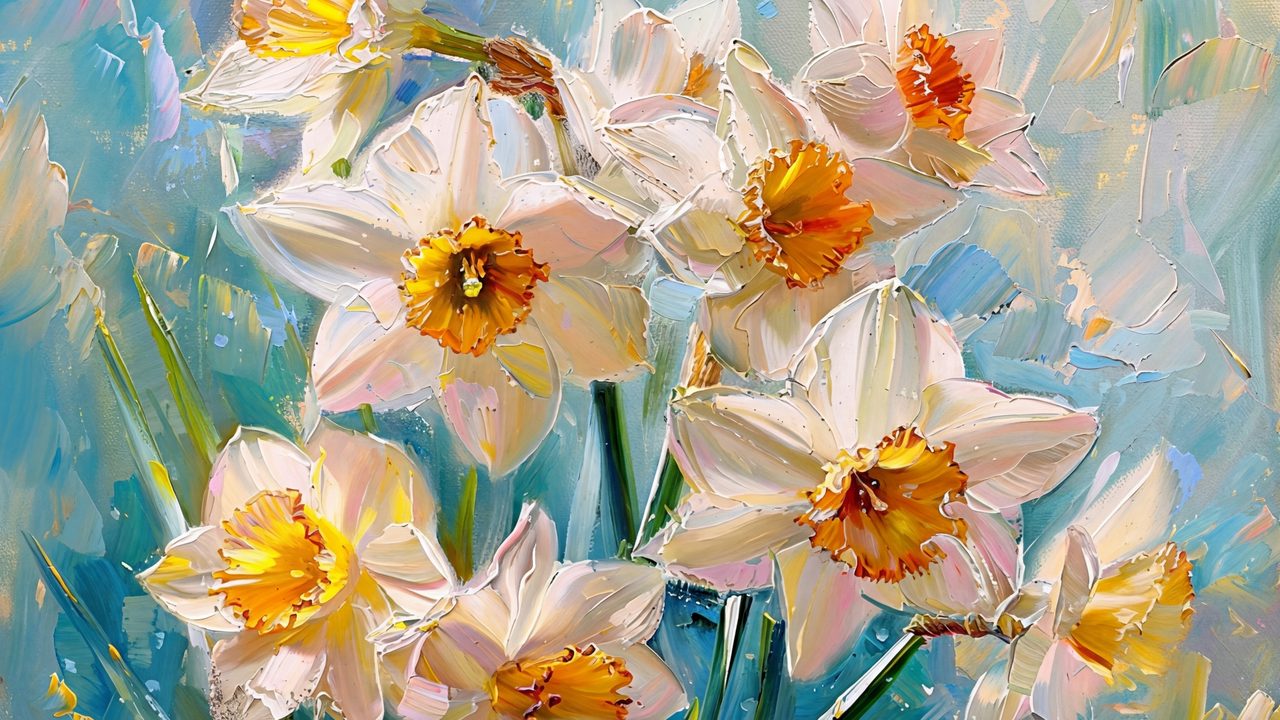 Spring Frame TV Art, Vintage Floral Landscape Oil Painting (Daffodils Against Blue Sky)
