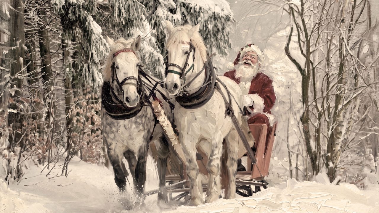 Christmas Frame TV Art, Vintage Holiday Oil Painting (White Horses Pulling Santa)