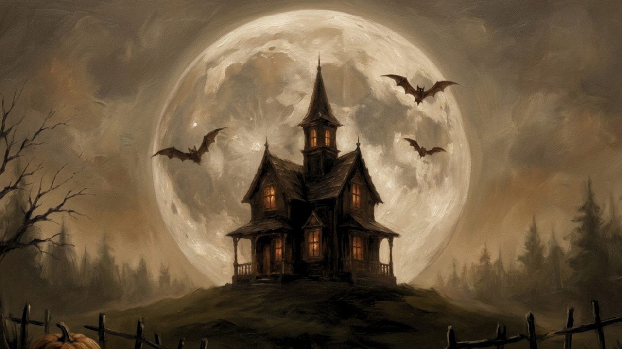 Fall Frame TV Art, Vintage Autumn Oil Painting (Haunted House Under Full Moon)
