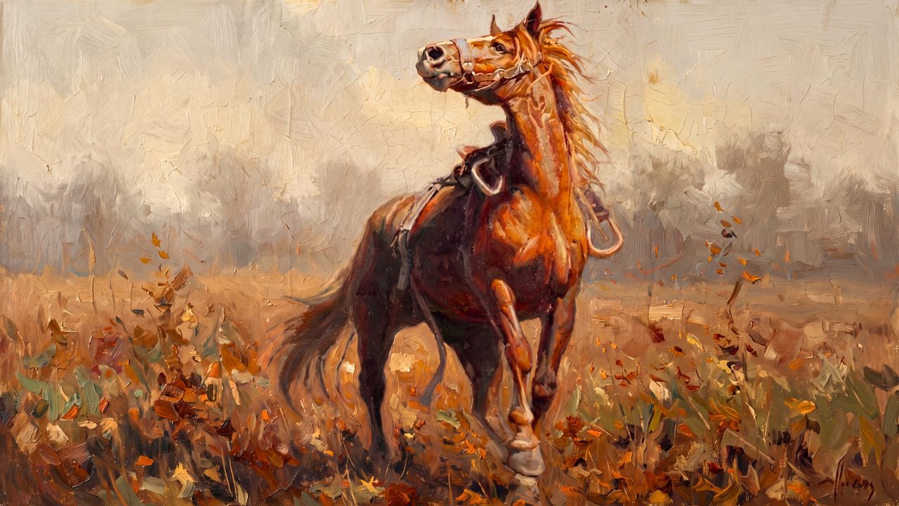Fall Frame TV Art, Vintage Autumn Oil Painting (Chestnut Horse Rearing)