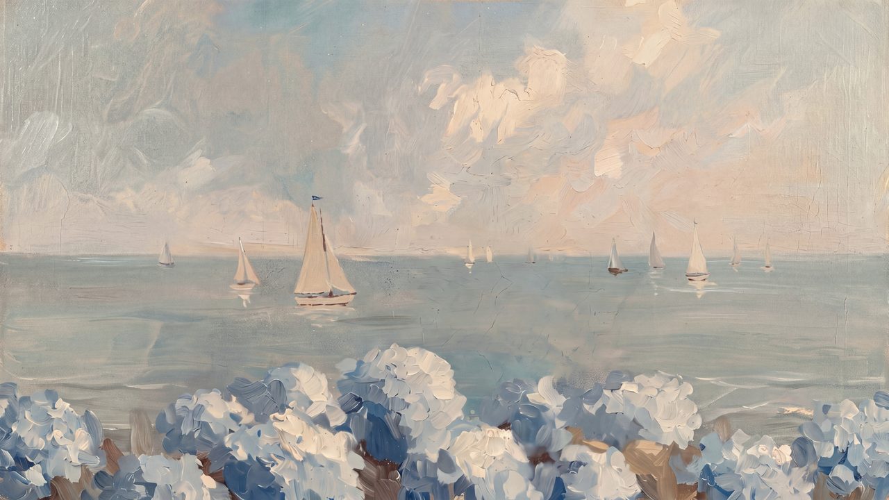 Summer Frame TV Art, Coastal Beach Oil Painting (Hydrangeas Overlooking Sailboats)