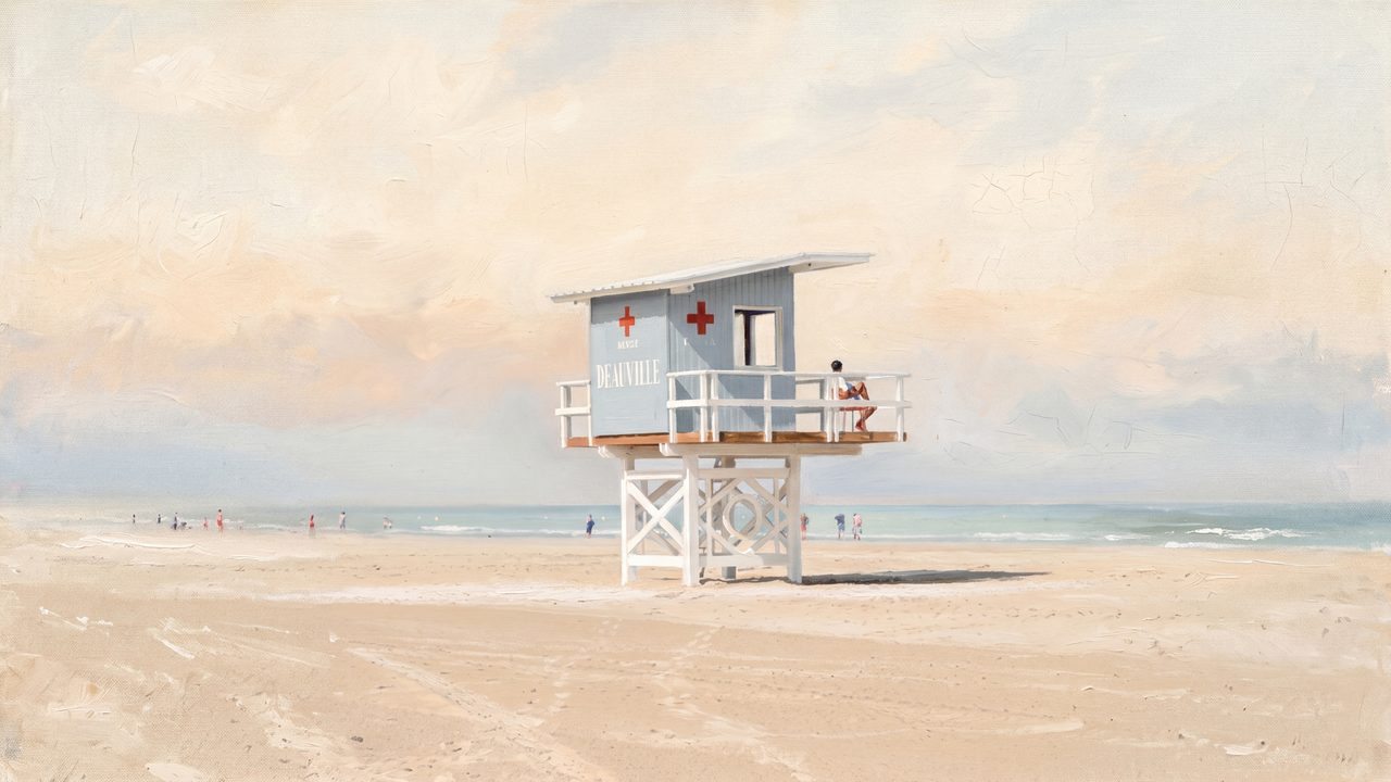Summer Frame TV Art, Coastal Beach Oil Painting (Lifeguard Tower on Beach)