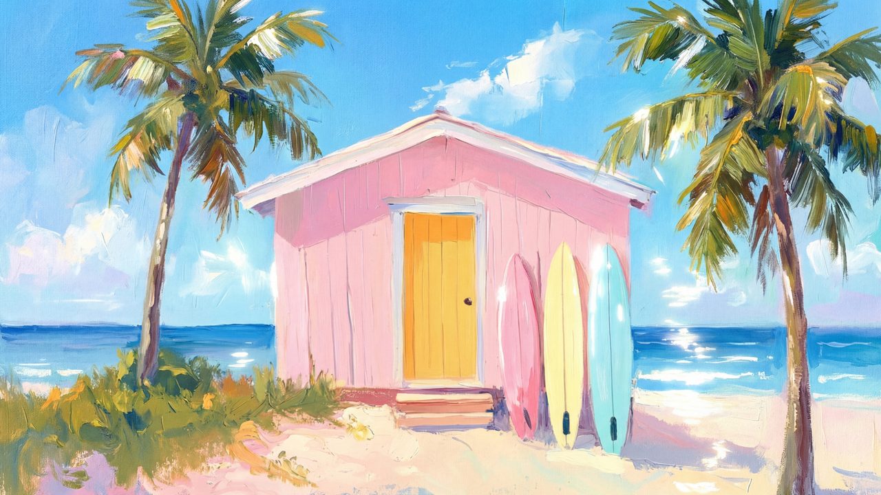 Summer Frame TV Art, Coastal Beach Oil Painting (Pink Beach Hut with Surfboards)