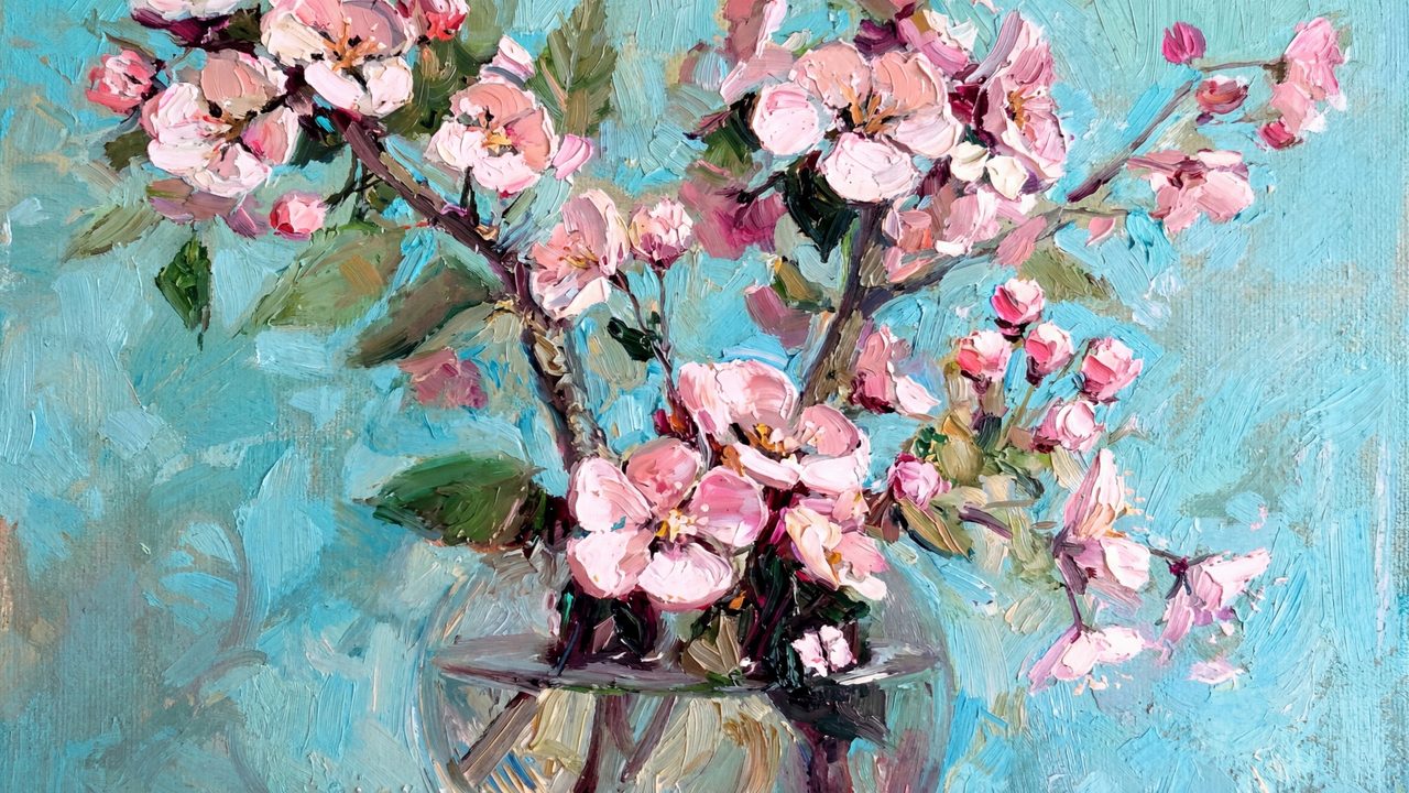 Spring Frame TV Art, Vintage Floral Landscape Oil Painting (Pink Blossoms in Glass Vase)
