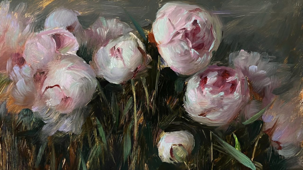 Romantic Pink Peonies Samsung Frame TV Art, Moody Floral Oil Painting, Gold Accent Botanical Decor