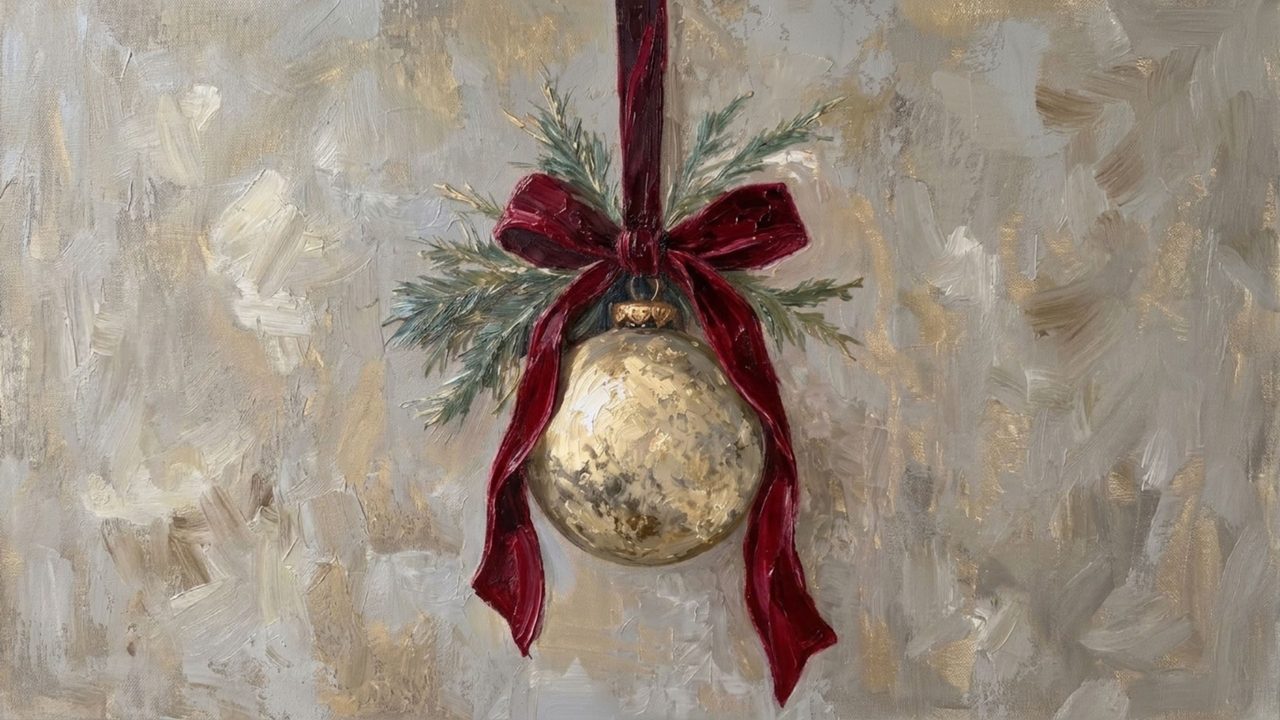 Christmas Frame TV Art, Vintage Holiday Oil Painting (Gold Ornament with Red Ribbon)