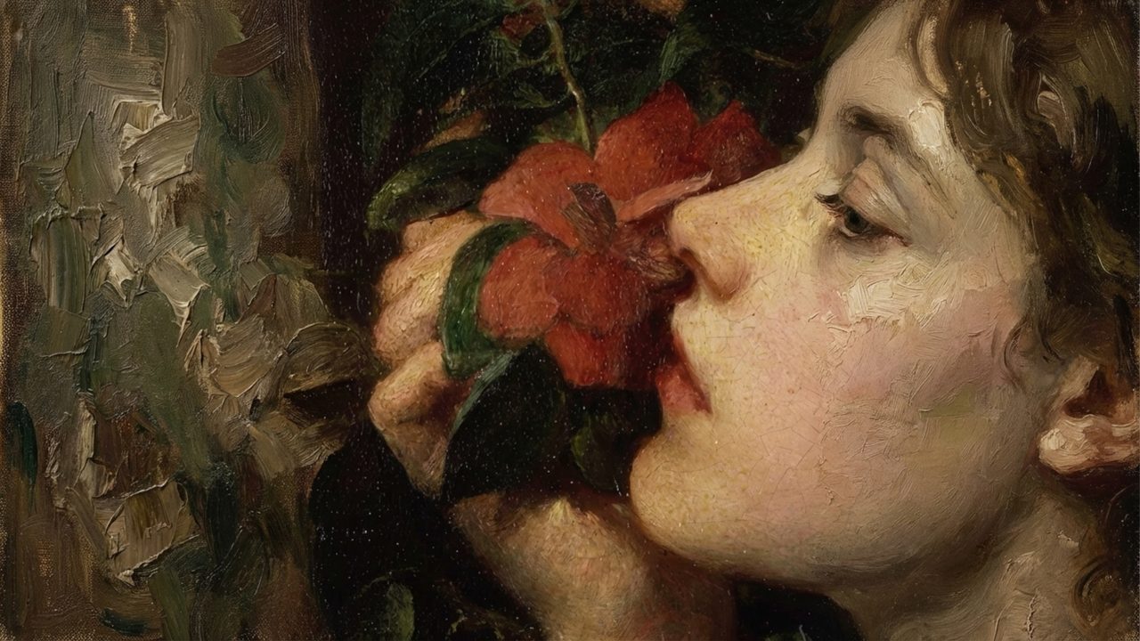 Dark Academia Frame TV Art, Moody Vintage Oil Painting (Woman Smelling Red Flower)
