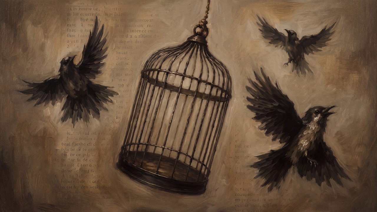 Fall Frame TV Art, Vintage Autumn Oil Painting (Ravens Around Birdcage)