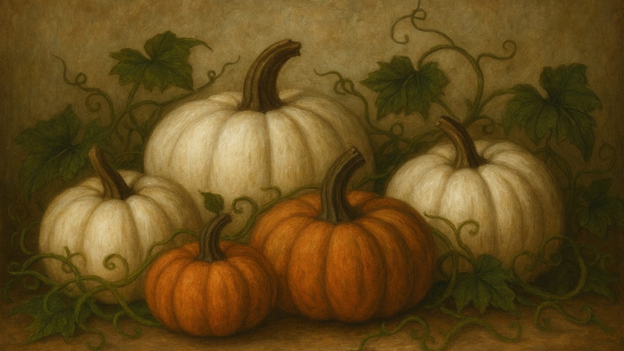 Fall Frame TV Art, Vintage Autumn Oil Painting (White and Orange Pumpkins)