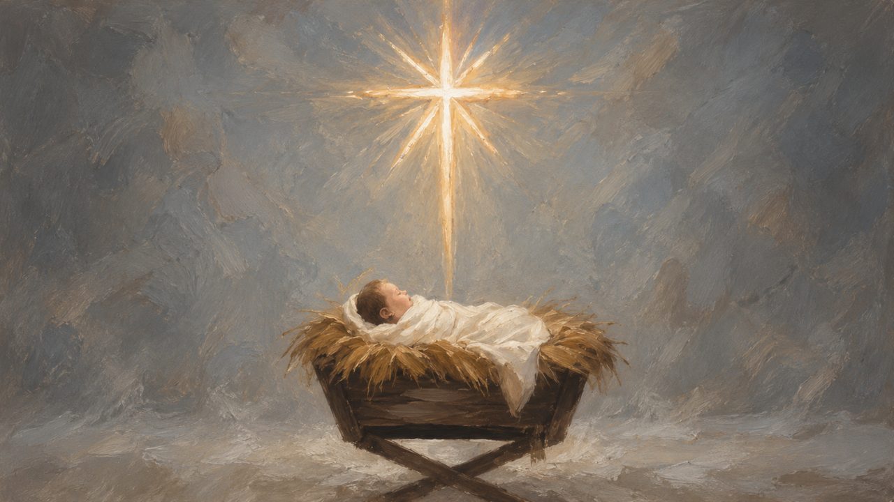 Christian Frame TV Art, Jesus Religious Oil Painting (Baby Jesus in Manger Under Star)