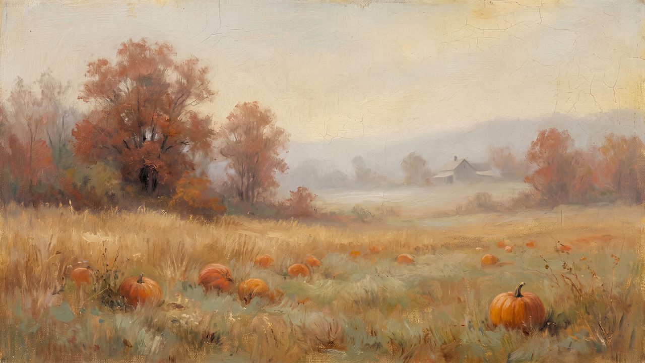 Fall Frame TV Art, Vintage Autumn Oil Painting (Autumn Meadow with Pumpkins)