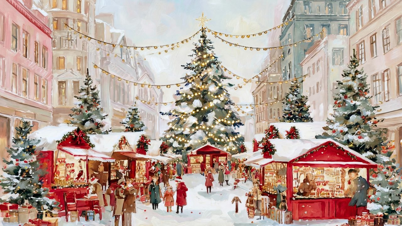 Samsung Frame TV Art • Christmas Market Wall Art • Festive Holiday Street Scene • European Winter Village Painting •