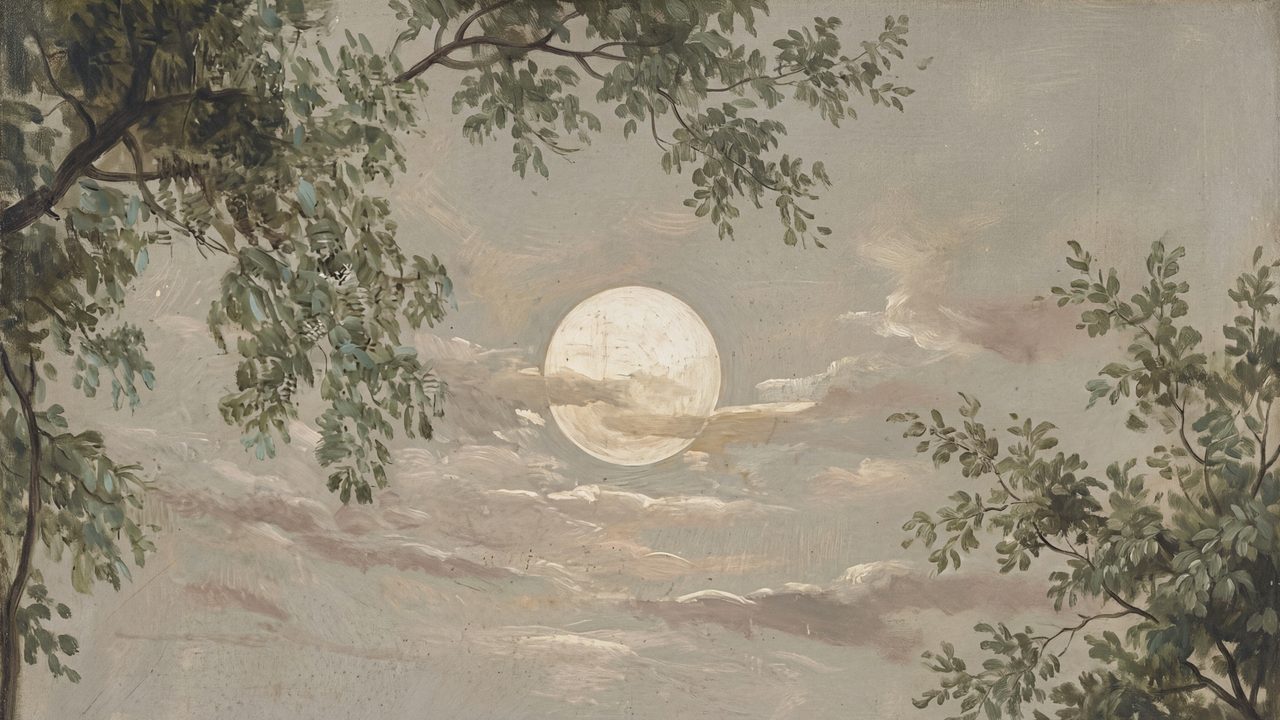 Vintage Frame TV Art, Antique Landscape Oil Painting (Full Moon Through Trees)