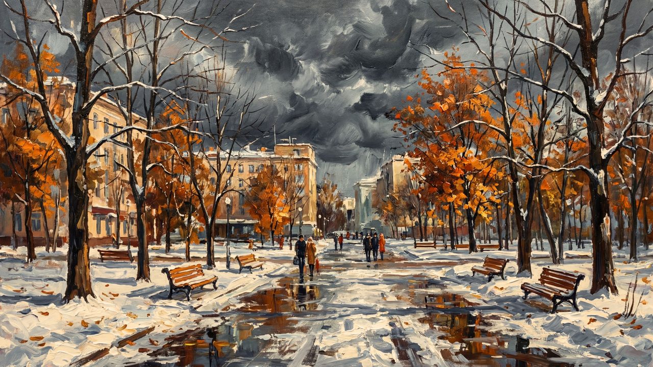 Christmas Frame TV Art, Vintage Holiday Oil Painting (Snowy Autumn City Park)