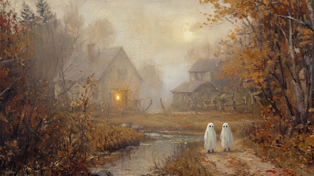 Halloween Frame TV Art, Vintage Moody Oil Painting (Little Ghosts by Village Stream)