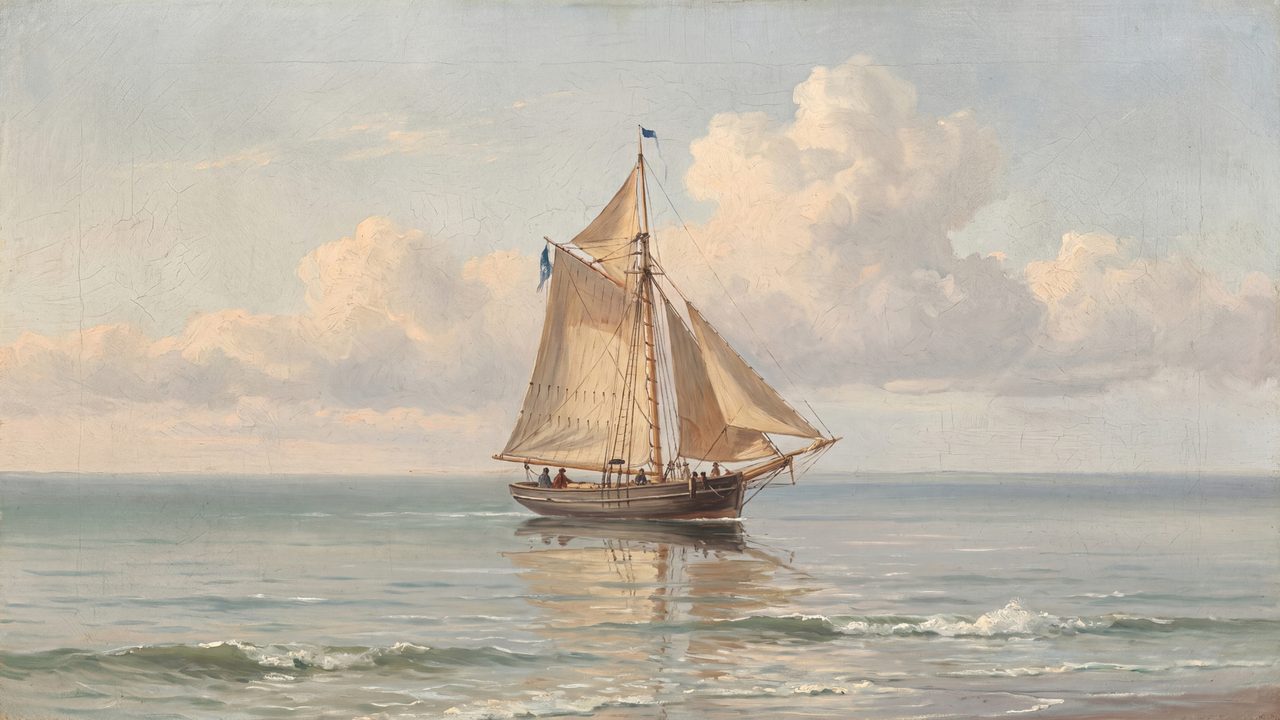 Nautical Frame TV Art, Coastal Oil Painting (Schooner on Calm Sea)