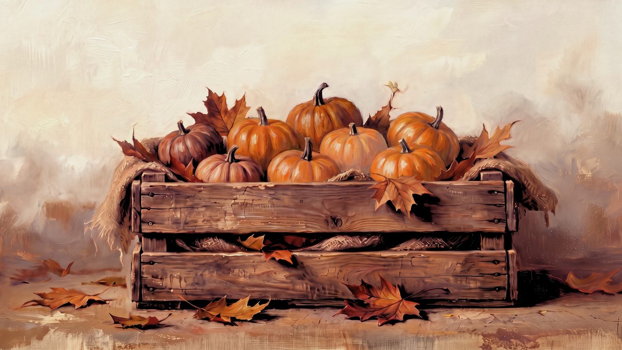 Fall Frame TV Art, Vintage Autumn Oil Painting (Pumpkins in Wooden Crate)