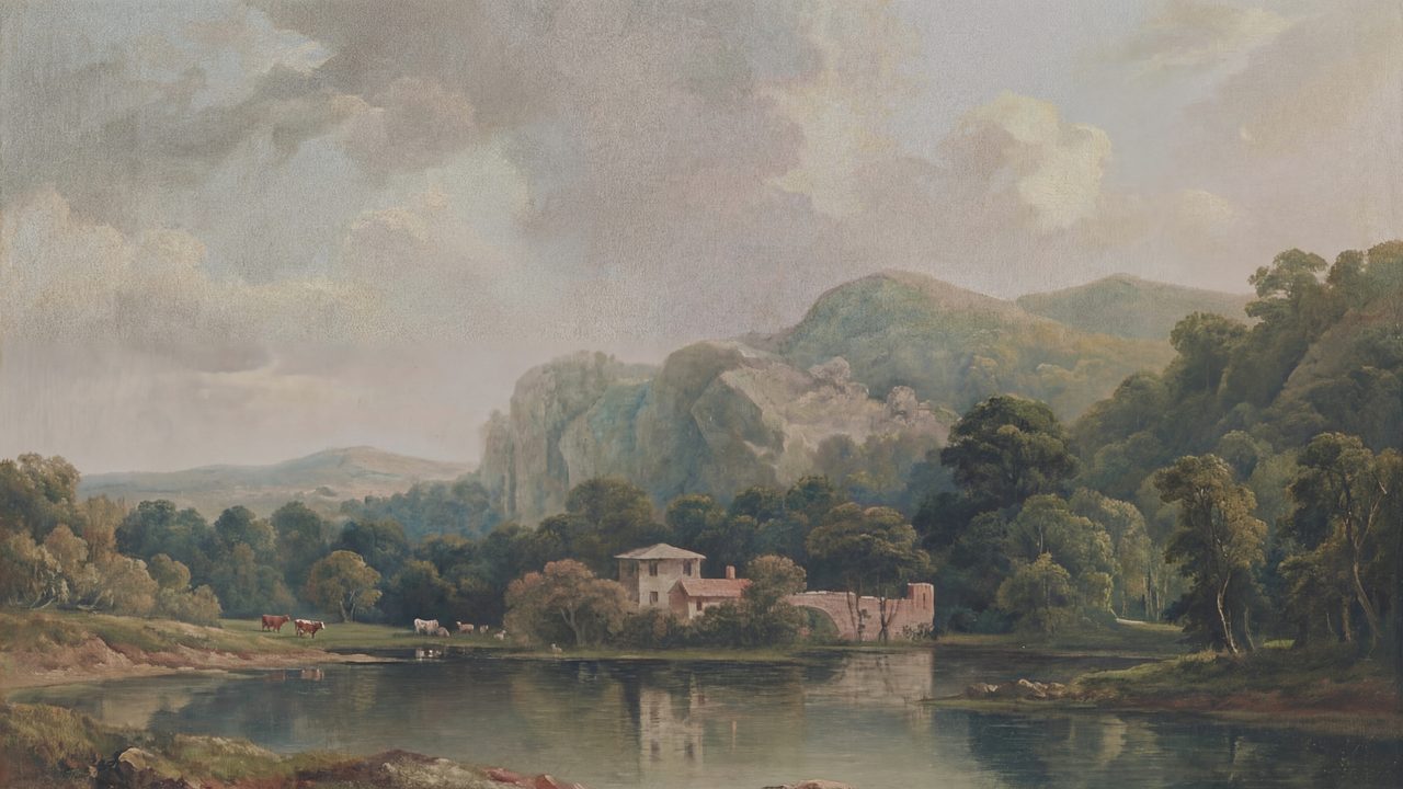Vintage Frame TV Art, Antique Landscape Oil Painting (Villa by River and Cliffs)