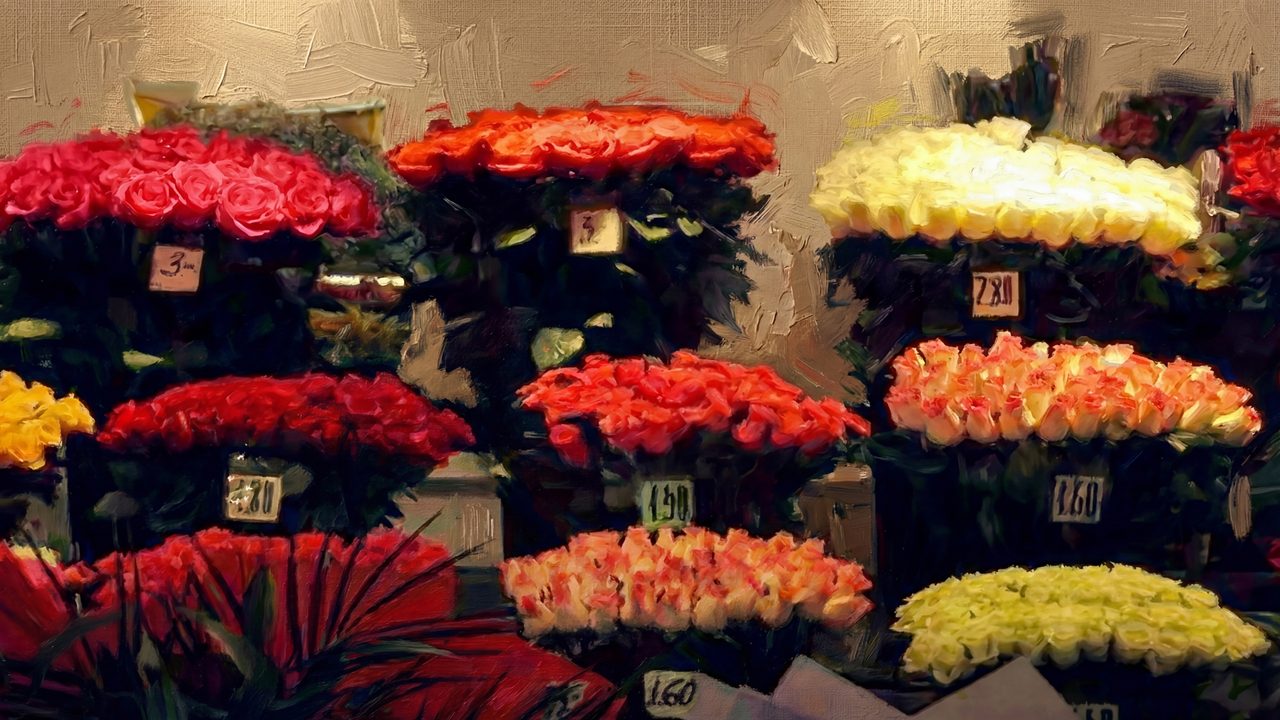 Valentine Frame TV Art, Romantic Vintage Oil Painting (Rose Stalls at Flower Market)