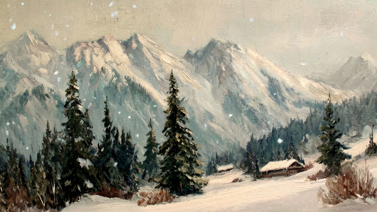 Christmas Frame TV Art, Vintage Holiday Oil Painting (Snowy Alpine Mountain Valley)
