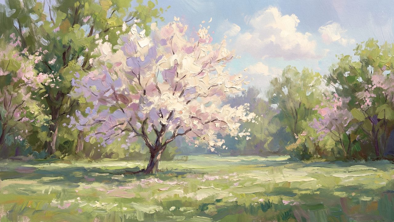 Spring Frame TV Art, Vintage Floral Landscape Oil Painting (Blossoming Tree in Meadow)