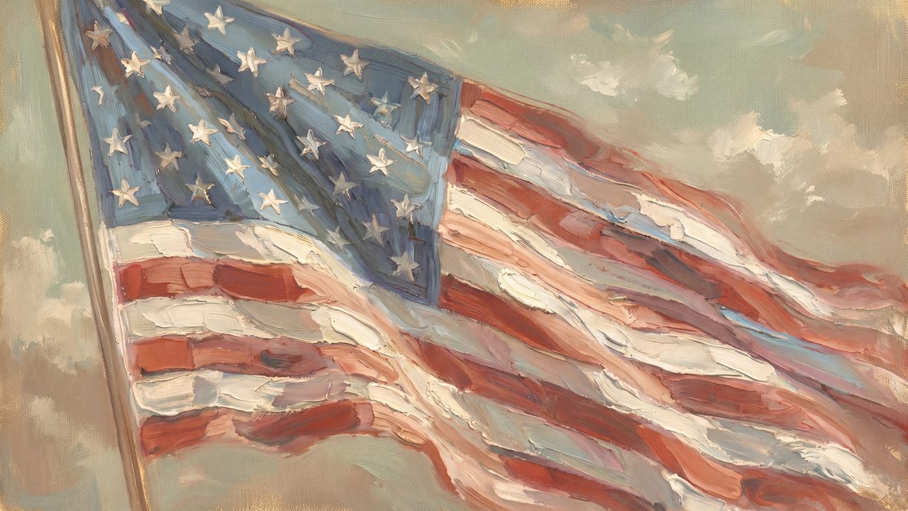4th of July Frame TV Art, Patriotic American Oil Painting (Waving American Flag 2)
