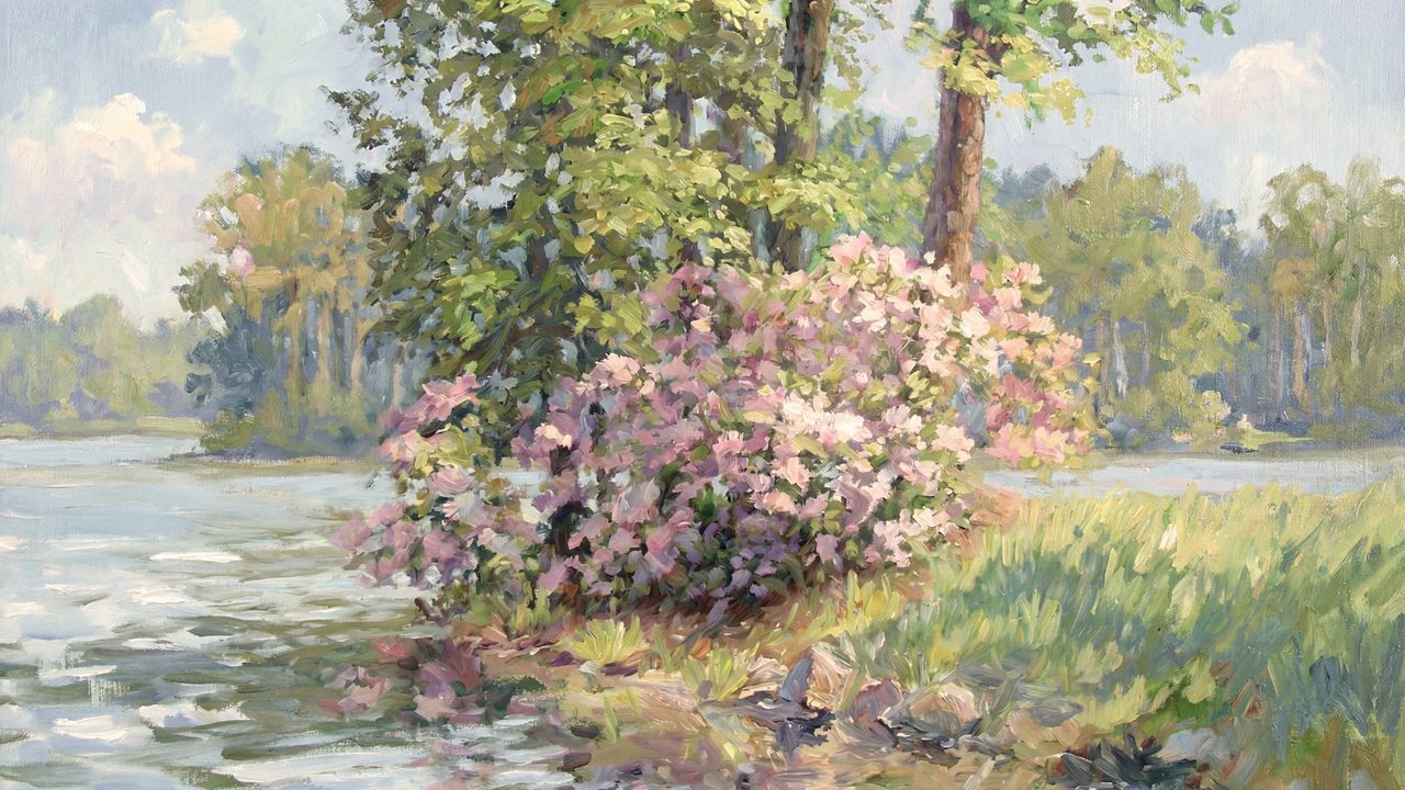 Spring Frame TV Art, Vintage Floral Landscape Oil Painting (Flowering Shrub by Lake)