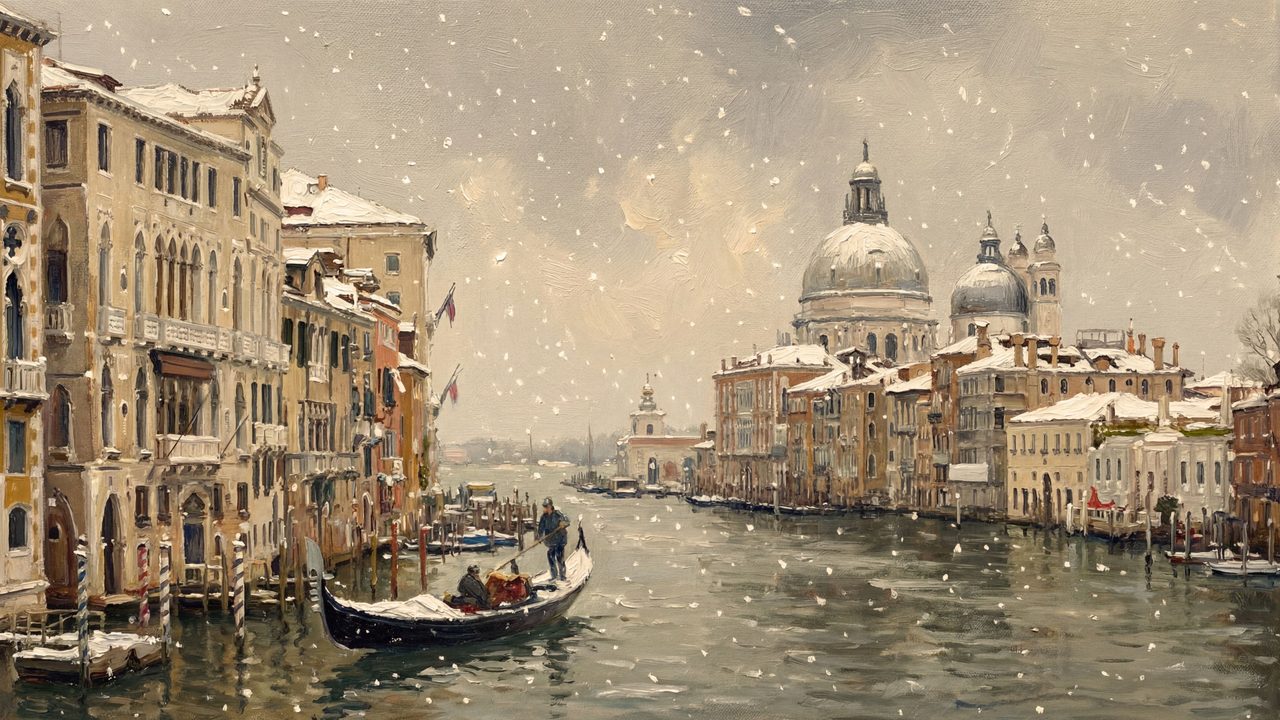 Christmas Frame TV Art, Vintage Holiday Oil Painting (Venice Grand Canal in Snow)